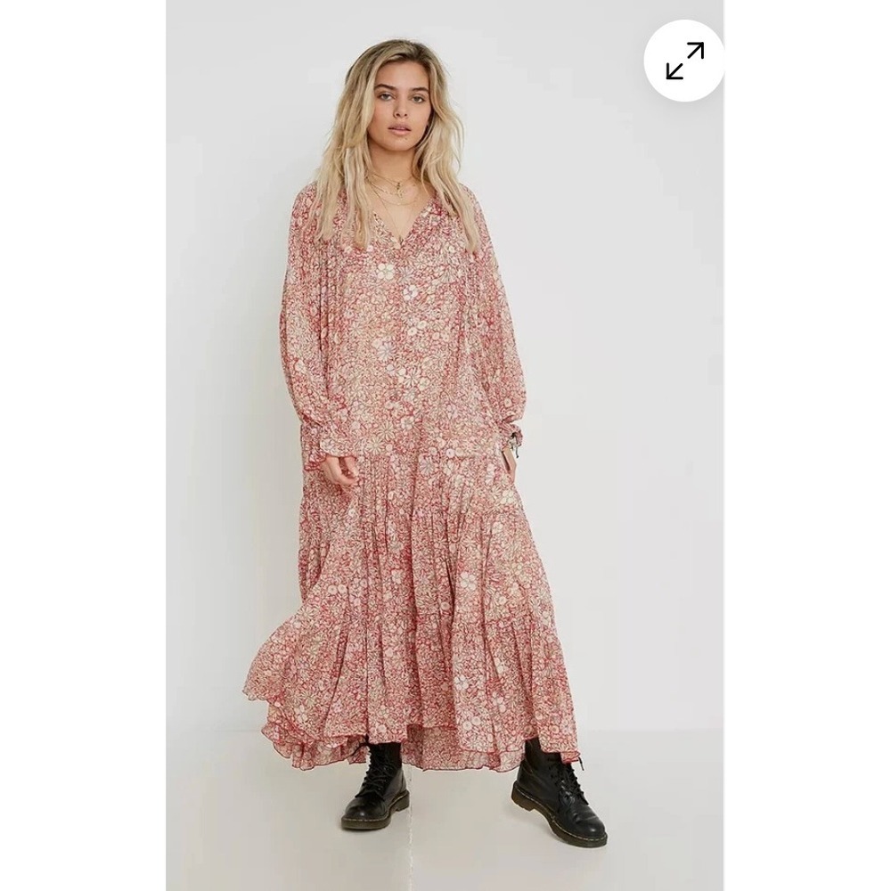 NEW Free People Feeling Groovy Maxi Dress Medium Bohemian Ruffle Long Sleeve